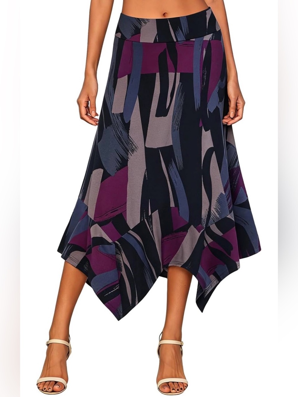 Abstract Print Asymmetric Hem Midi Skirt - Purple/Gray • Size XL